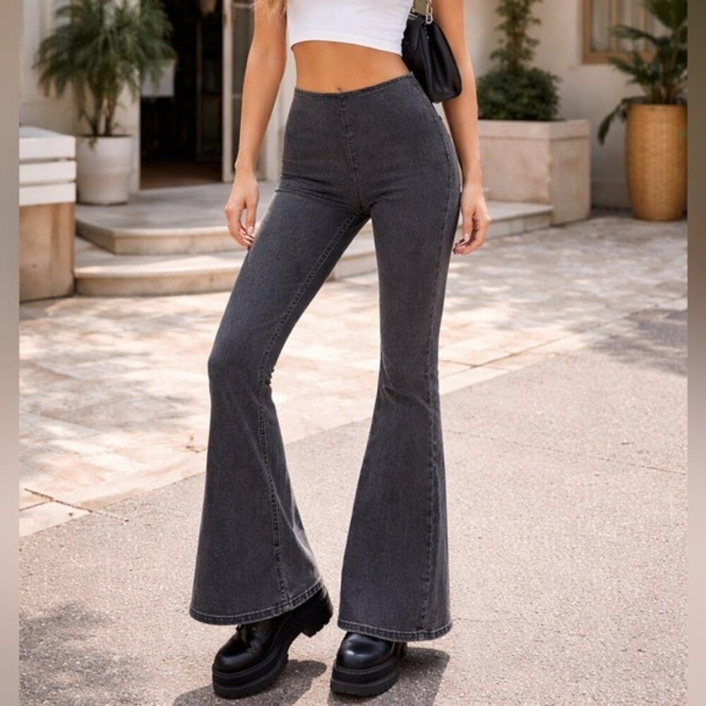 Free People Flare Jeans Black Washed High Rise Y2K Retro Size 24 Boho - Picture 2 of 16